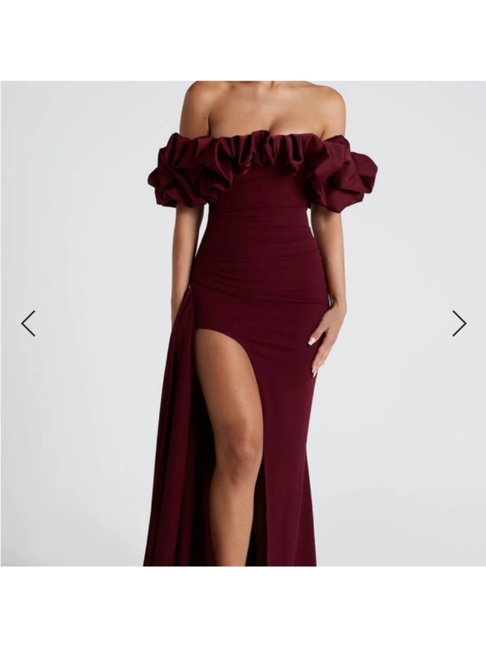 Strapless Ruffled Burgundy Evening Dress with High Slit